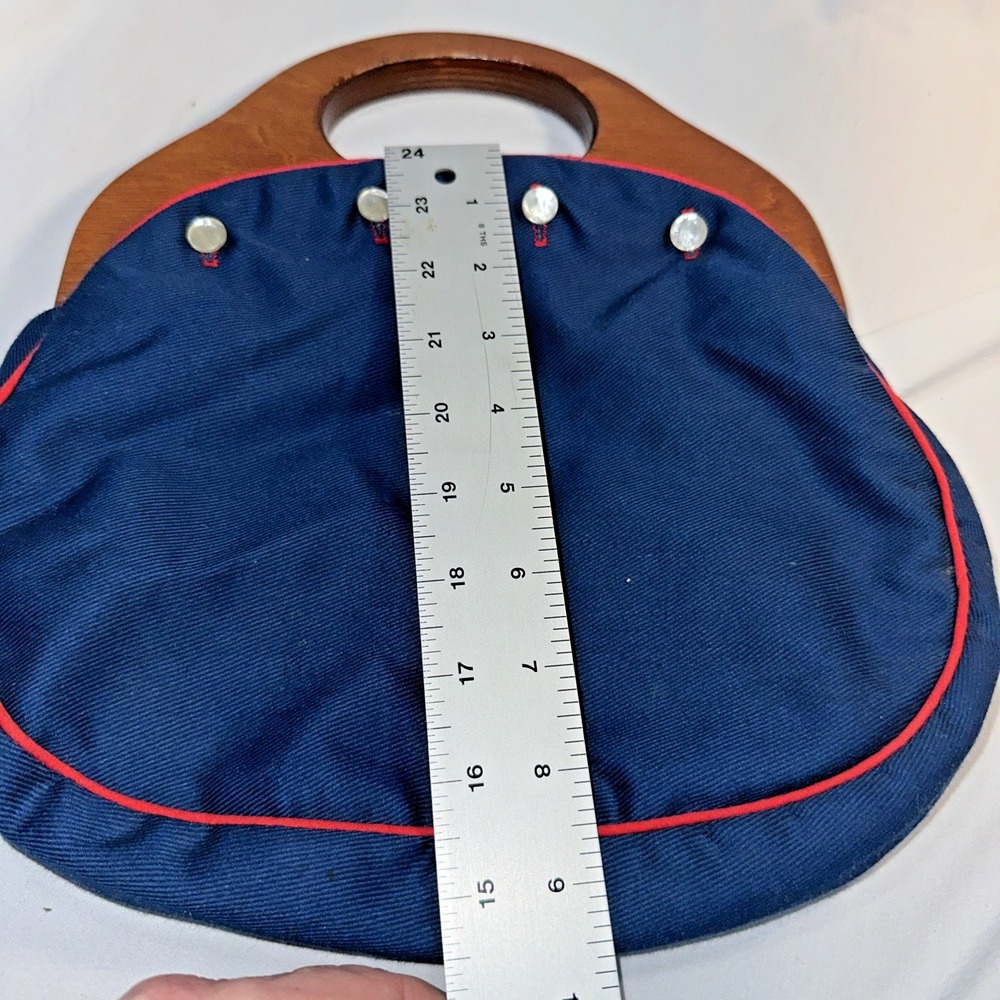 Vintage Bermuda Bag Purse Wooden Handles Buttons Reversible Cotton Cover Mint - Picture 3 of 9
